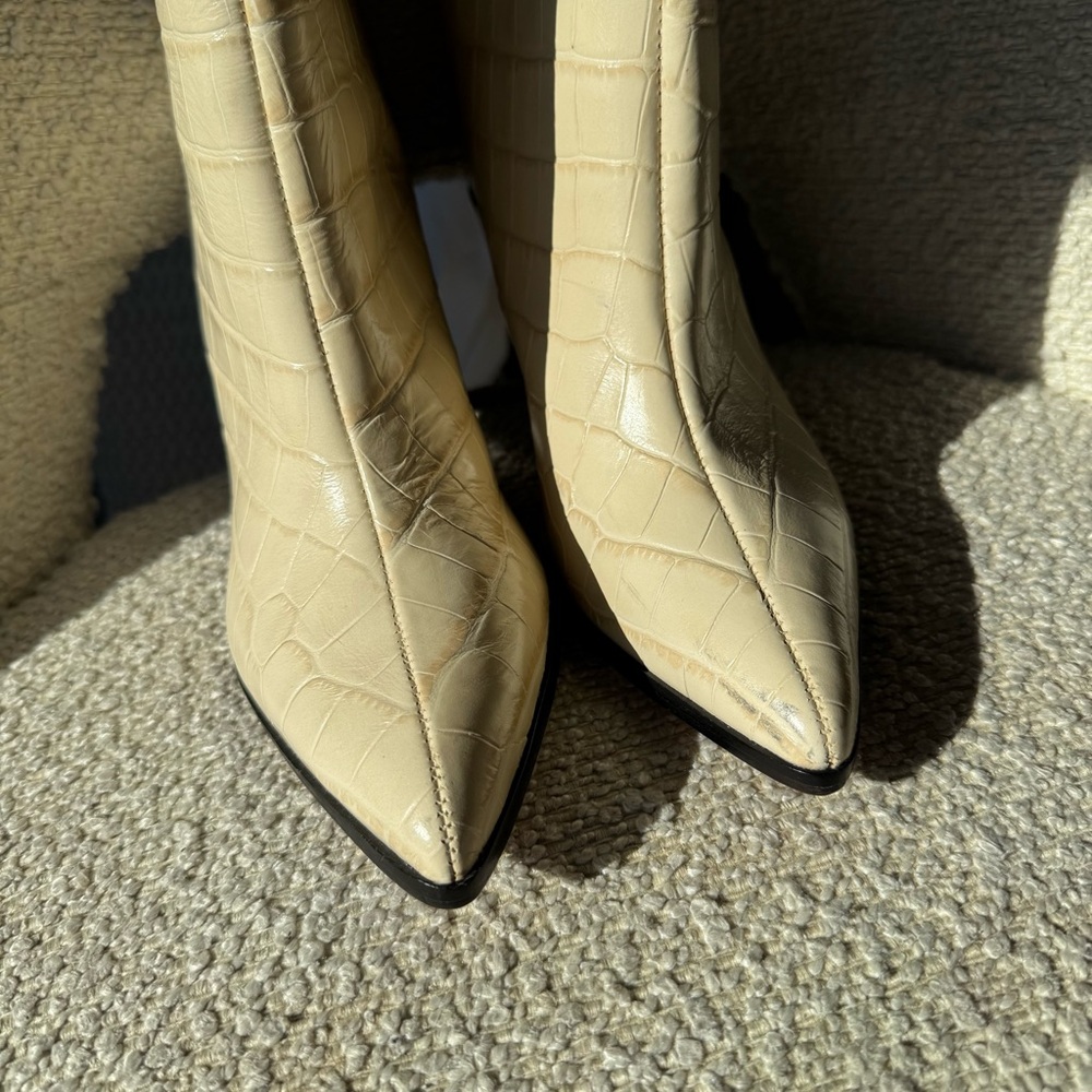 Schutz Maryana Block Crocodile-Embossed Leather Boots in Eggshell - Picture 9 of 14